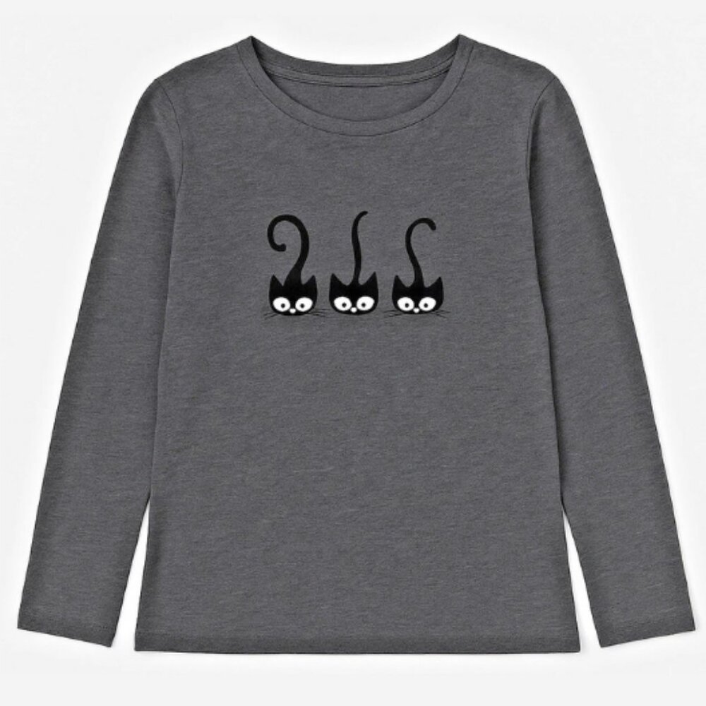 Three Black Cats Graphic Shirt Womens Size Large Long Sleeve Dark Gray 100% Poly - Picture 2 of 4